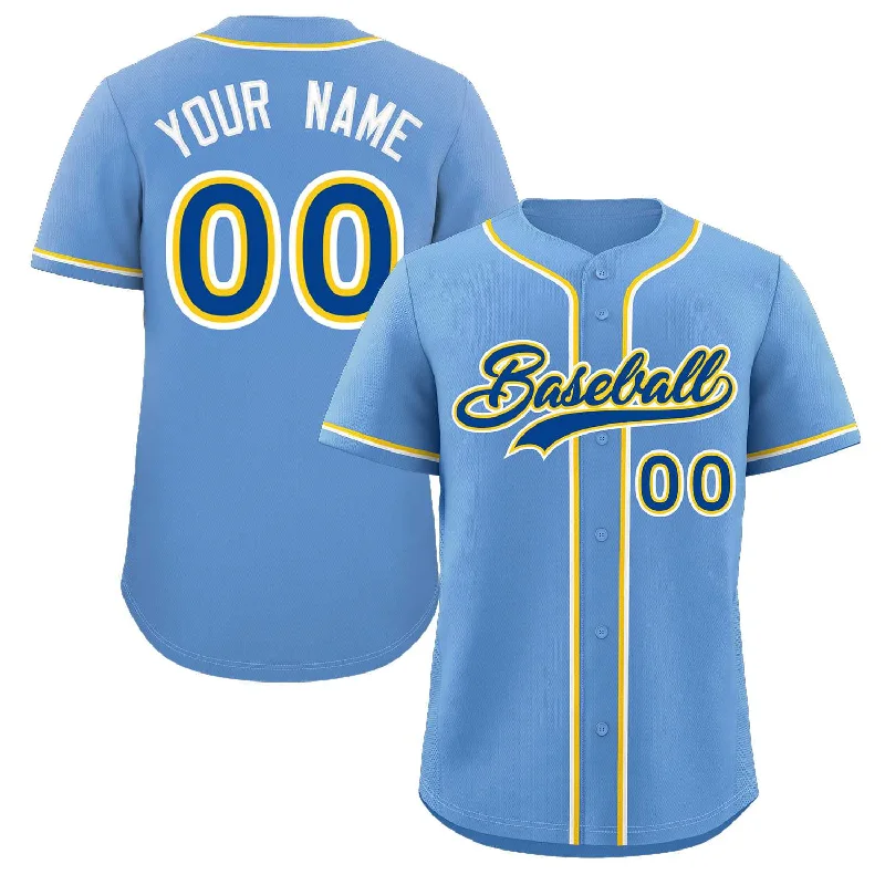 Baseball Jersey for Fun Baseball Game-Day Apparel-Custom Light Blue Royal-Yellow Classic Style Authentic Baseball Jersey