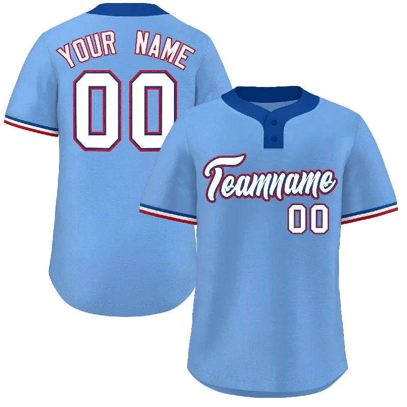 Baseball Jersey for High School Baseball Teams-Custom Light Blue White-Red Classic Style Authentic Two-Button Baseball Jersey