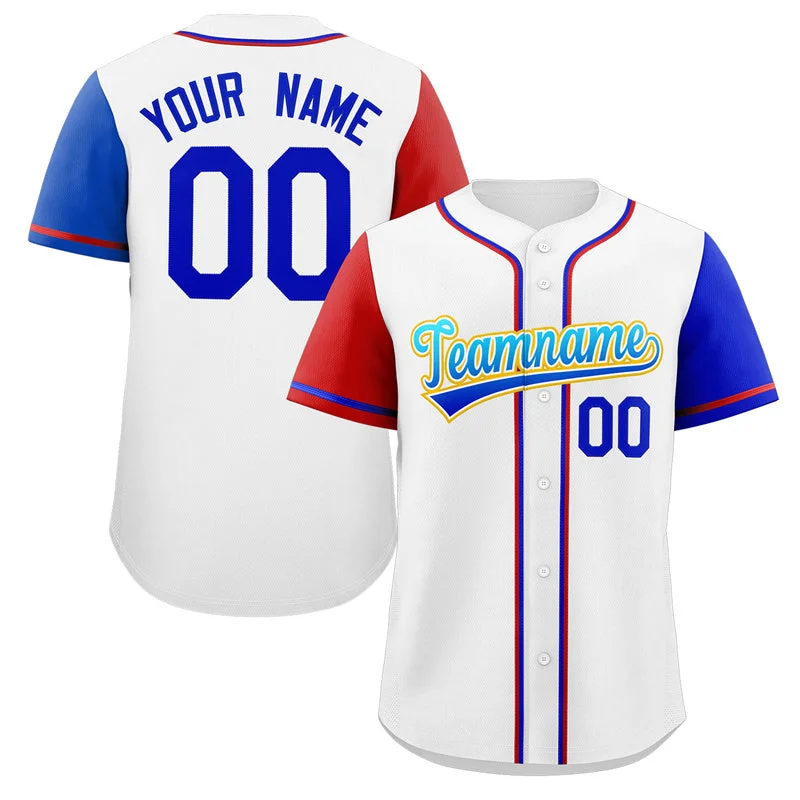 Baseball Jersey for Baseball Fan Apparel for Events-Custom White Royal-Yellow Raglan Sleeves Authentic Baseball Jersey