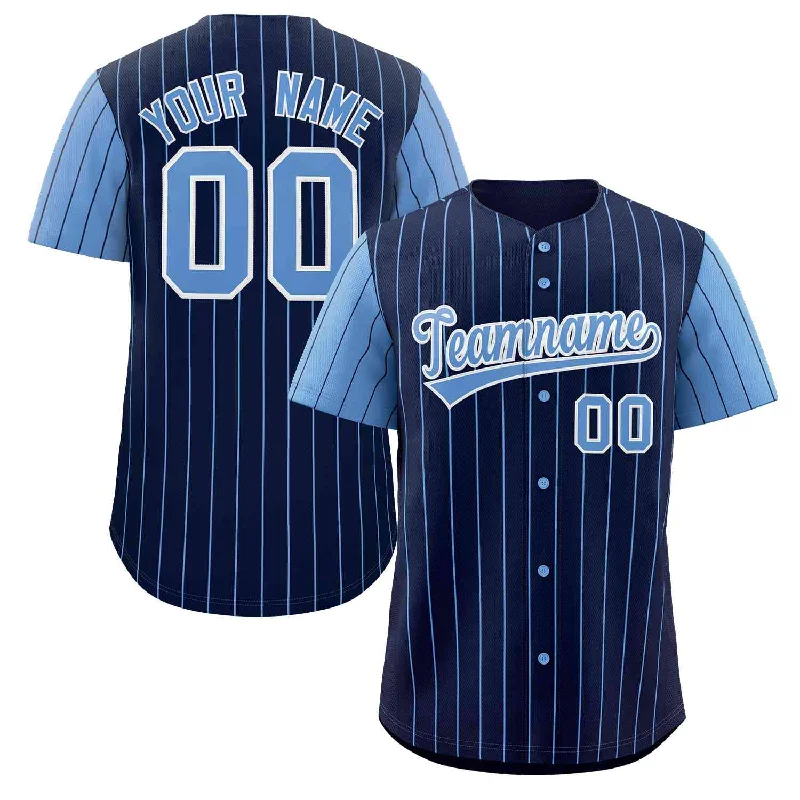 Baseball Jersey for Professional Baseball Team Gear-Custom Navy Light Blue-White Stripe Fashion Raglan Sleeves Authentic Baseball Jersey