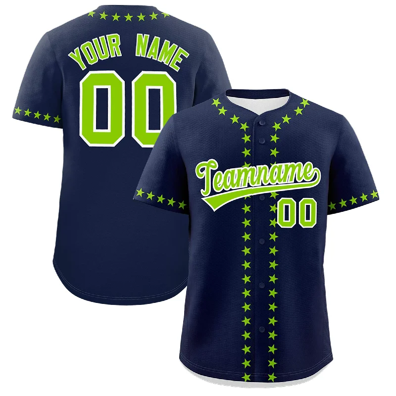 Baseball Jersey for Local Baseball Teams-Custom Navy Neon Green Star Ribbing Authentic Baseball Jersey