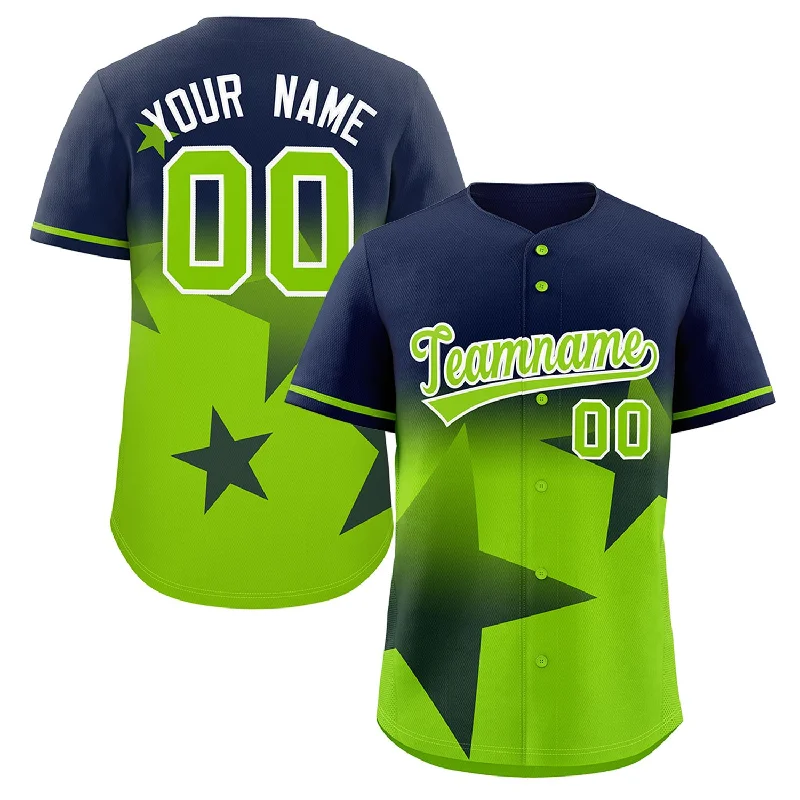 Baseball Jersey for Kids-Custom Navy Neon Green Gradient Star Graffiti Pattern Authentic Baseball Jersey