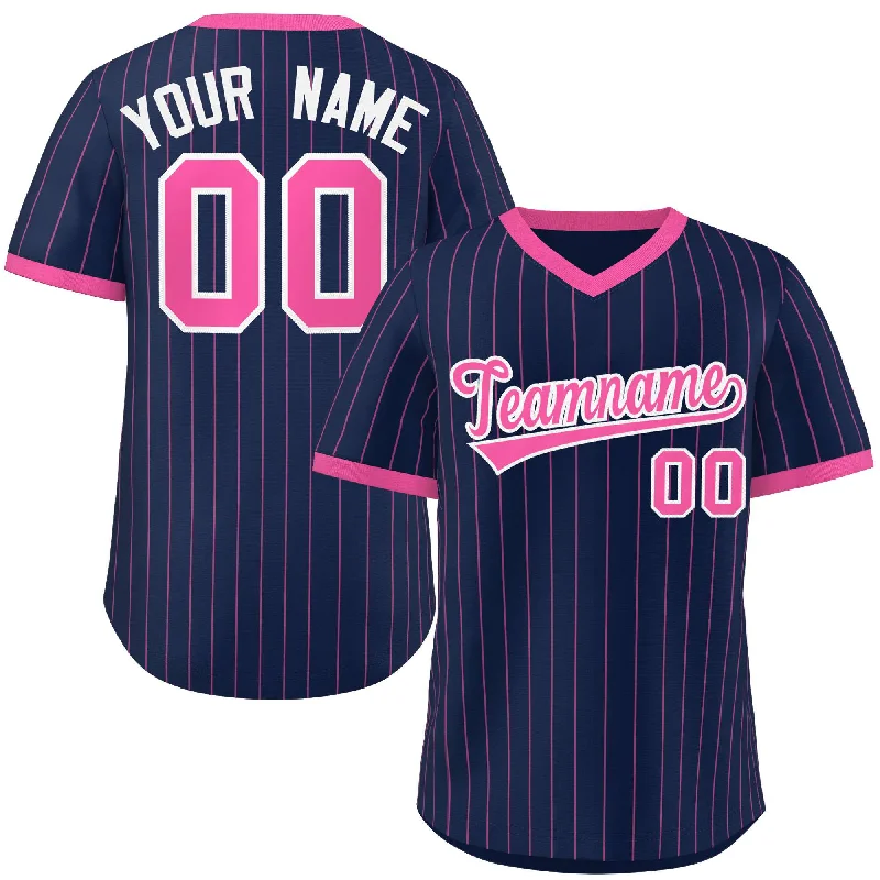 Custom Baseball Jersey for Teams-Custom Navy Pink Stripe Fashion Authentic Pullover Baseball Jersey