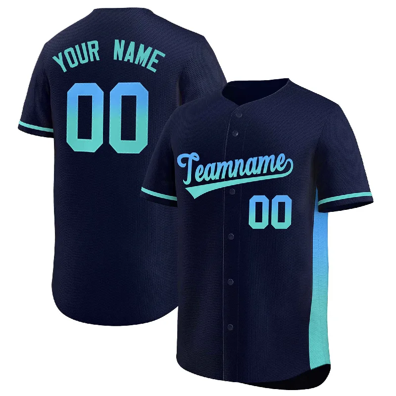 Baseball Jersey for Men’s Baseball-Custom Navy Powder Blue-Lt Green Personalized Gradient Font And Side Design Authentic Baseball Jersey