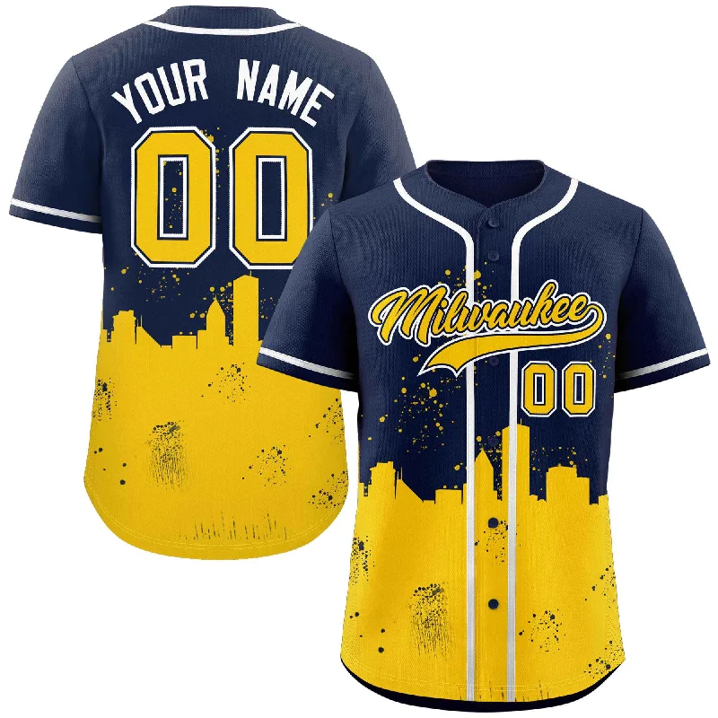 Baseball Jersey for Baseball Jersey Fundraisers-Custom Navy Yellow Personalized Milwaukee City Nightscape Authentic Baseball Jersey