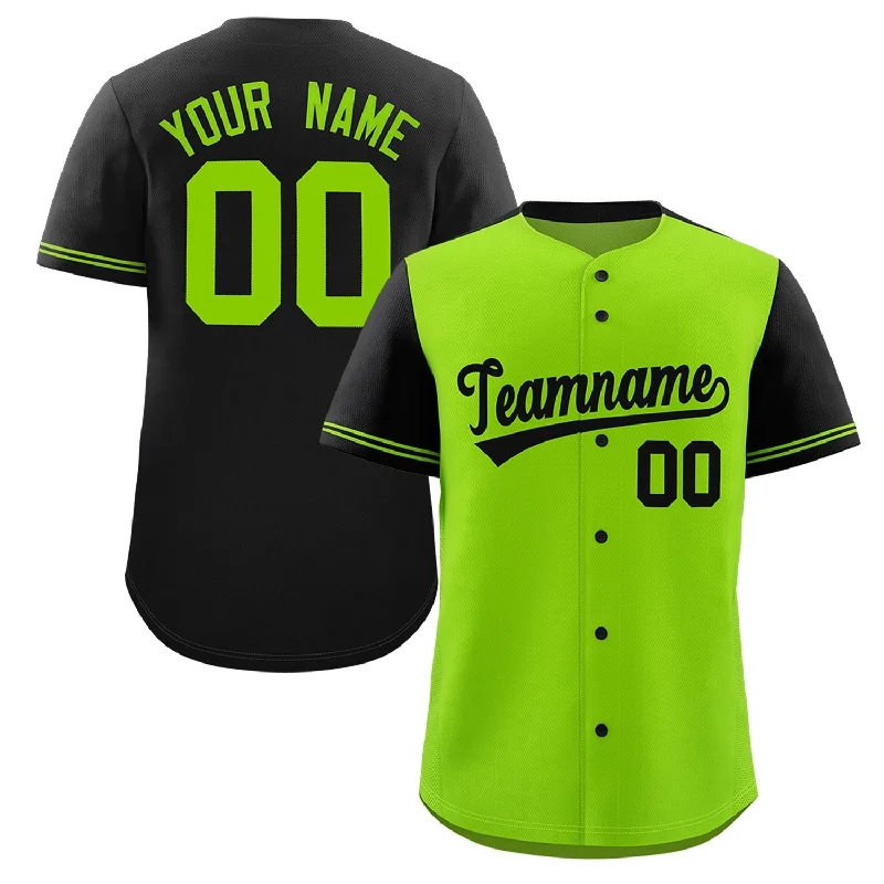 Baseball Jersey for Official Team Jerseys-Custom Neon Green Black Color Block Personalized Raglan Sleeves Authentic Baseball Jersey