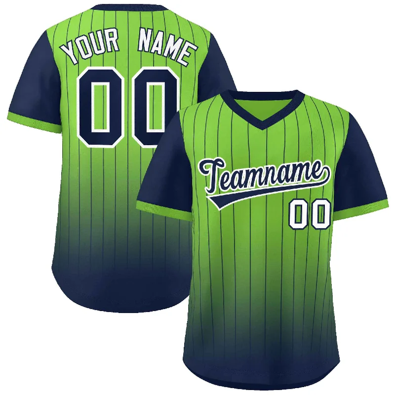 Baseball Jersey for Custom Numbers-Custom Neon Green Navy-Black Gradient Fashion Authentic Pullover Pinstripe Baseball Jersey