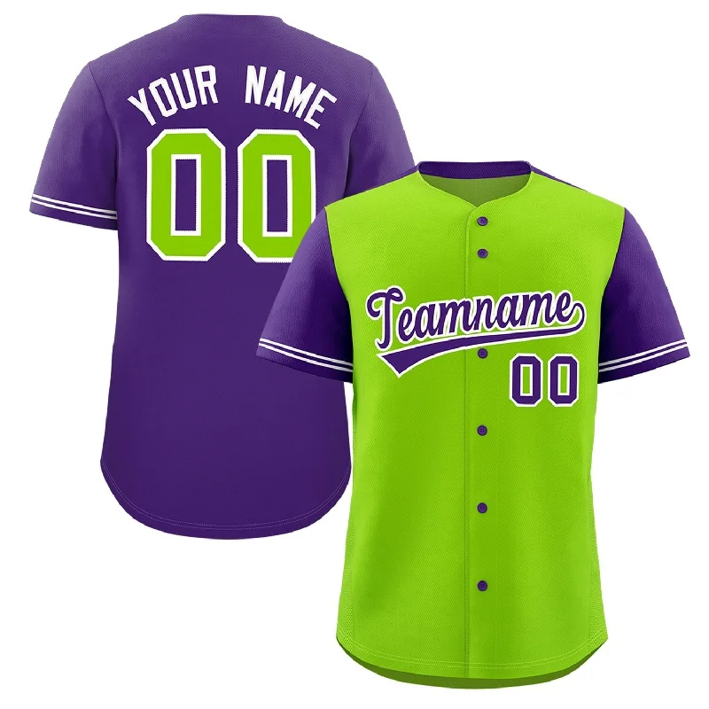 Baseball Jersey for Baseball Jersey Fundraisers-Custom Neon Green Purple Color Block Personalized Raglan Sleeves Authentic Baseball Jersey