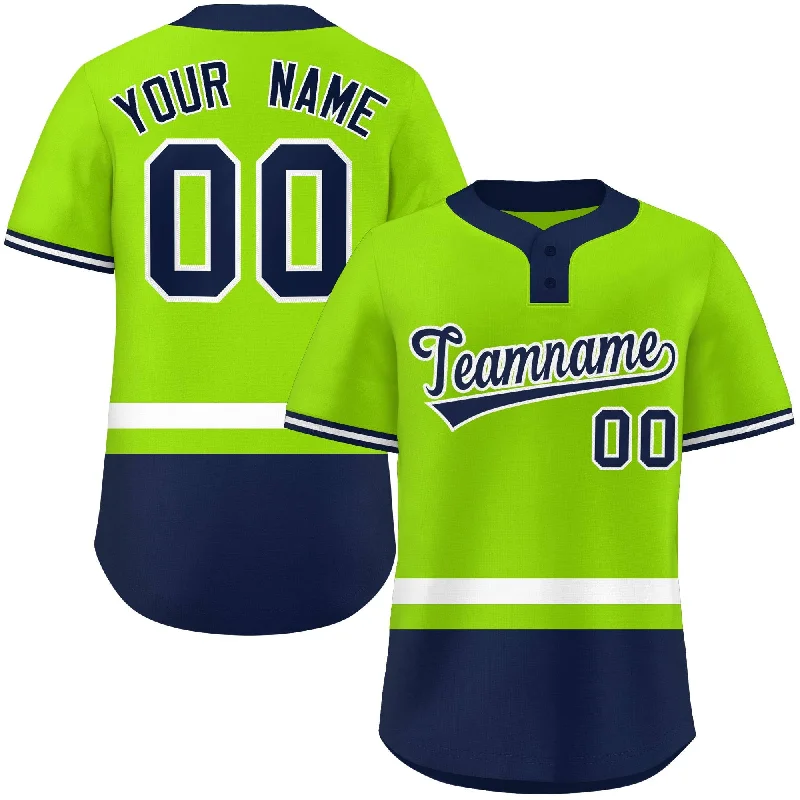 Baseball Jersey for College Baseball Fans-Custom Neon Green White-Navy Color Block Personalized Authentic Two-Button Baseball Jersey