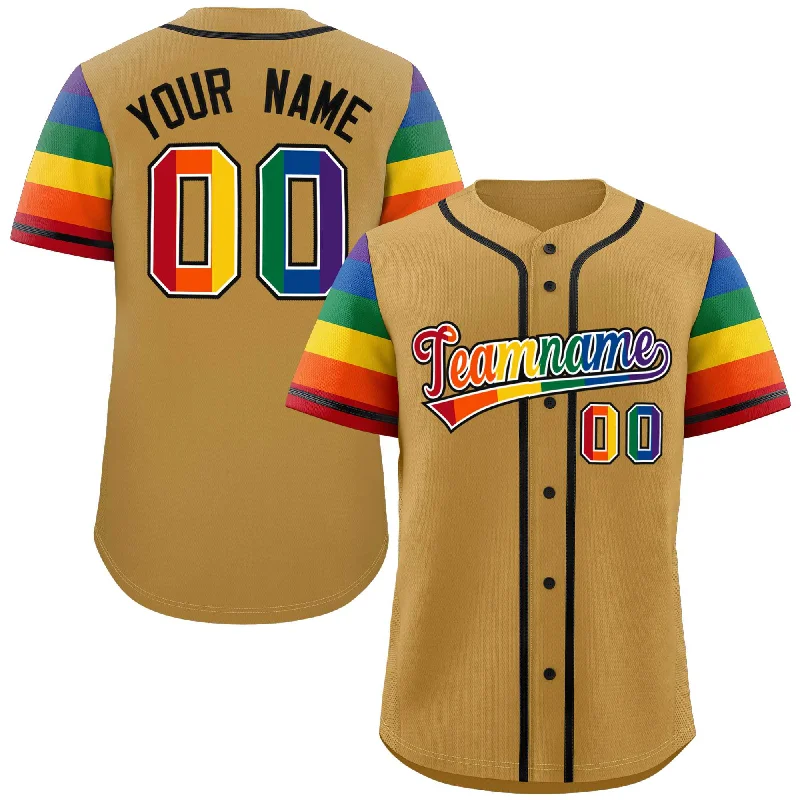 Baseball Jersey for Fun Family Baseball Events-Custom Old Gold LGBT Rainbow For Pride Month Raglan Sleeves Authentic Baseball Jersey