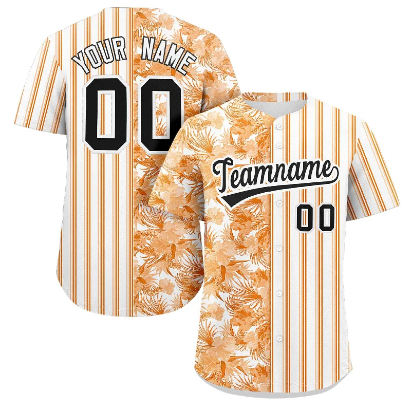 Baseball Jersey for High School Baseball Teams-Custom Orange White-Black Hawaii Tropical Flower Stripe Fashion Baseball Jersey