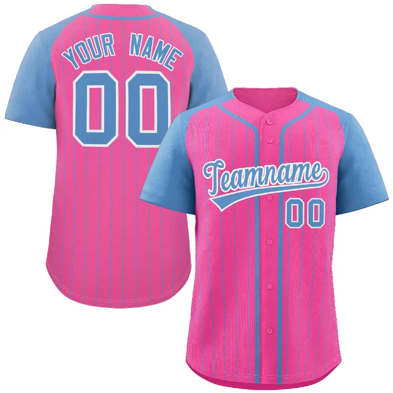 Baseball Jersey for Collector’s Edition Jerseys-Custom Pink Light Blue-White Stripe Fashion Raglan Sleeves Authentic Baseball Jersey