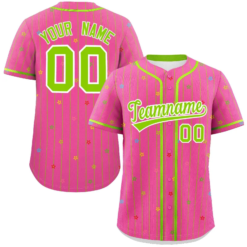 Baseball Jersey for Baseball-Themed Gifts for Kids-Custom Pink Neon Green Stripe Fashion Personalized Star Pattern Authentic Baseball Jersey