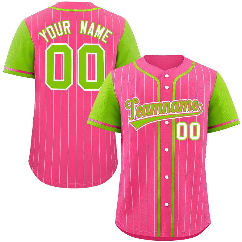 Baseball Jersey for Team Spirit Apparel for Fans-Custom Pink Neon Green-White Stripe Fashion Raglan Sleeves Authentic Baseball Jersey