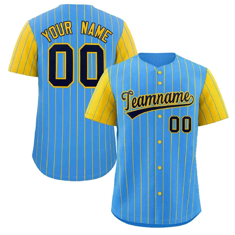 Baseball Jersey for Personalized Team Wear-Custom Powder Blue Navy-Gold Stripe Fashion Raglan Sleeves Authentic Baseball Jersey