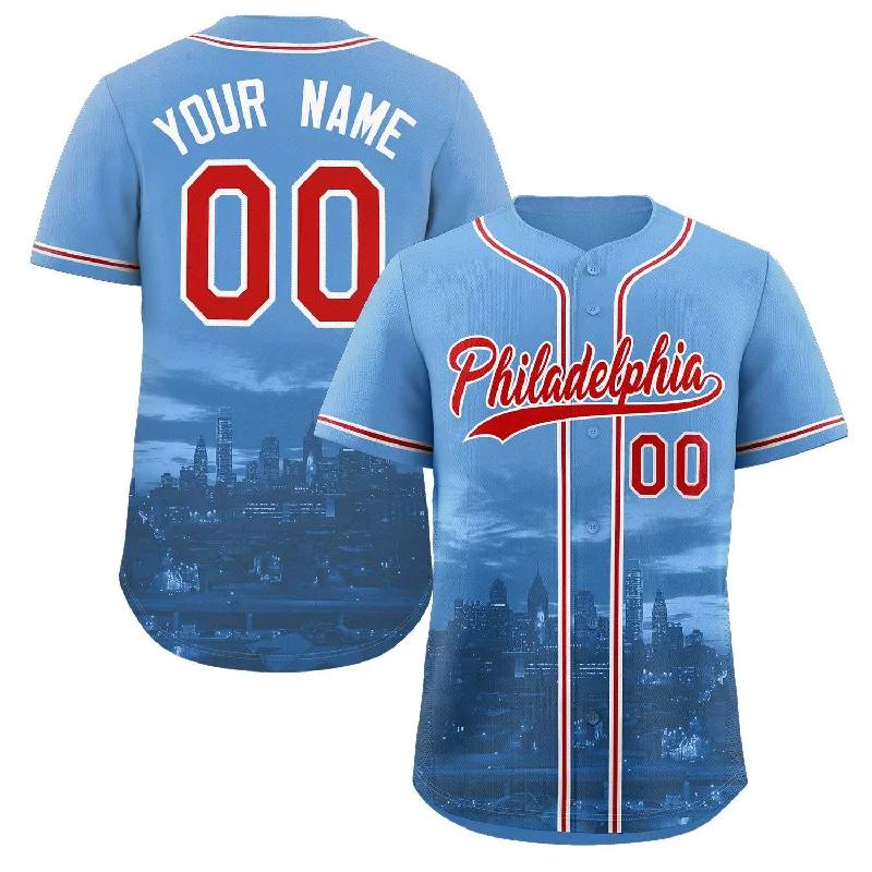 Baseball Jersey for Custom Fan Merchandise for Schools-Custom Powder Blue Red-White Philadelphia City Connect Baseball Jersey