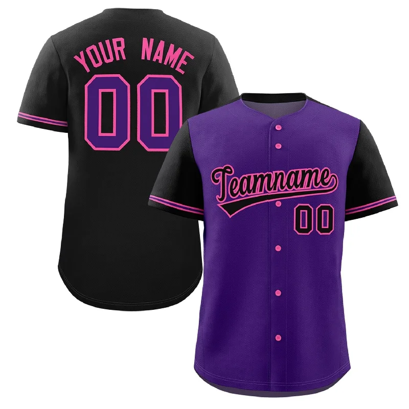 Baseball Jersey for International Baseball Fans-Custom Purple Black Color Block Personalized Raglan Sleeves Authentic Baseball Jersey