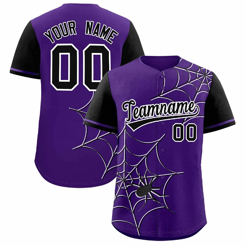 Baseball Jersey for Fun and Interactive Baseball Events-Custom Purple Black Spider Web Pattern Raglan Sleeves Authentic Baseball Jersey