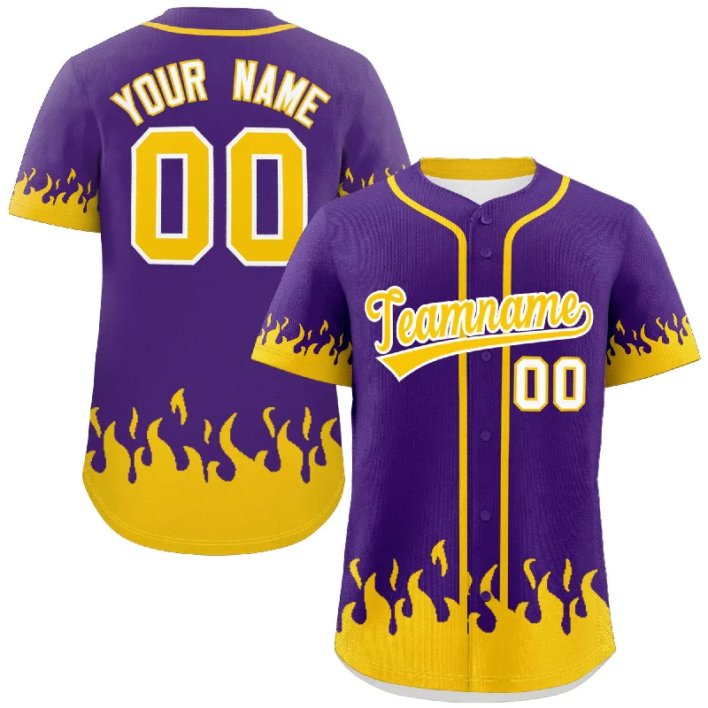 Baseball Jersey for Personalized Baseball Jerseys for Teams-Custom Purple Gold Personalized Flame Graffiti Pattern Authentic Baseball Jersey