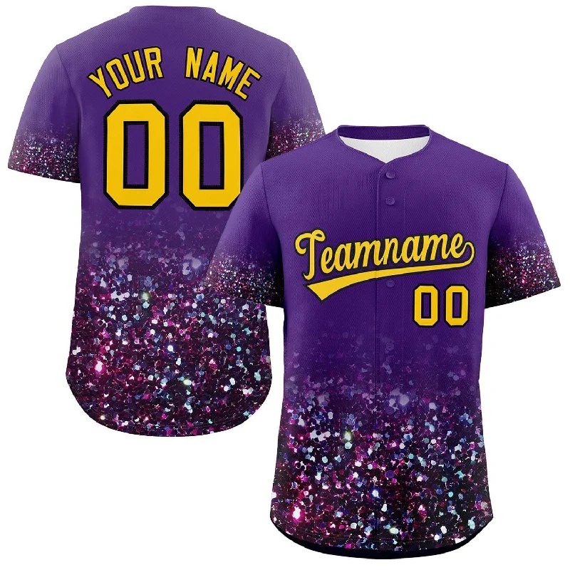 Baseball Jersey for Fun Baseball Game-Day Apparel-Custom Purple Gold Sequins Pattern Gradient Fashion Authentic Baseball Jersey