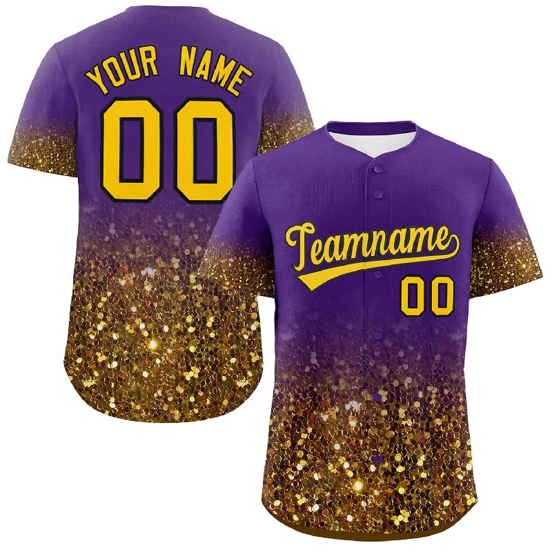 Baseball Jersey for Youth Teams-Custom Purple Gold Sequins Pattern Gradient Fashion Authentic Baseball Jersey