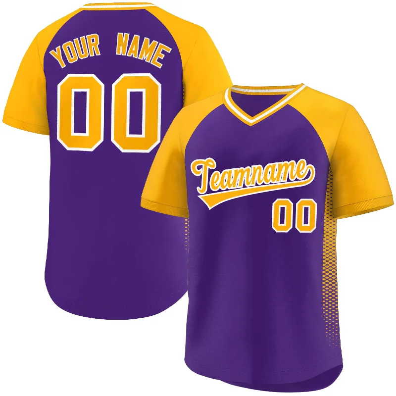 Baseball Jersey for Team Spirit Apparel for Supporters-Custom Purple Gold Raglan Sleeves Side Spot Authentic Pullover Baseball Jersey