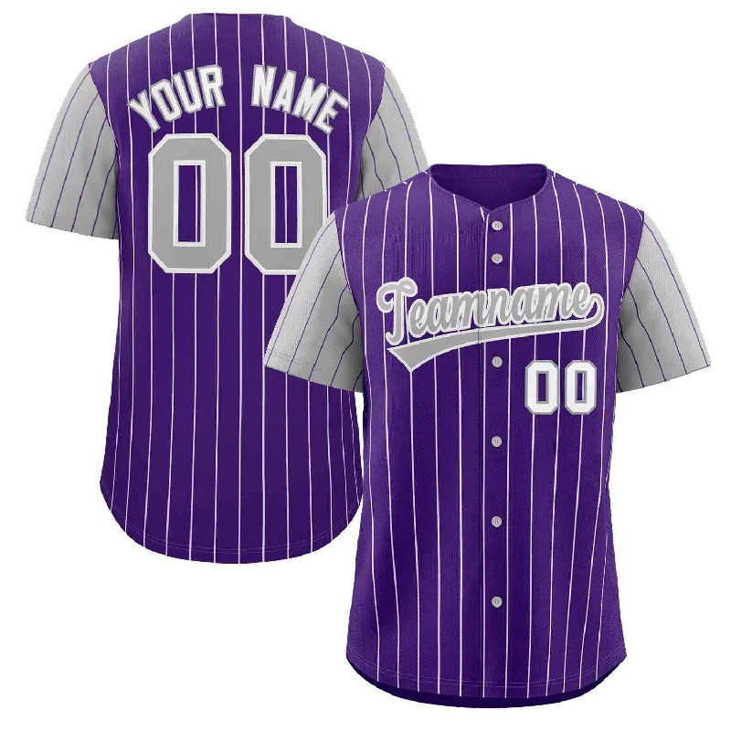 Baseball Jersey for Baseball Apparel for Baseball Leagues-Custom Purple Gray-White Stripe Fashion Raglan Sleeves Authentic Baseball Jersey