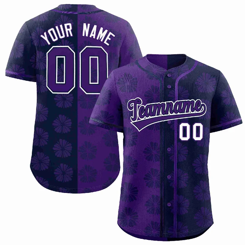 Baseball Jersey for Special Edition Jerseys-Custom Purple Navy Split Fashion Flower Graffiti Pattern Authentic Baseball Jersey