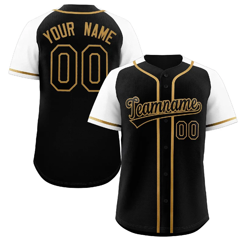 Baseball Jersey for Fun Baseball Game-Day Apparel-Custom Black Gold Raglan Sleeves Authentic Baseball Jersey