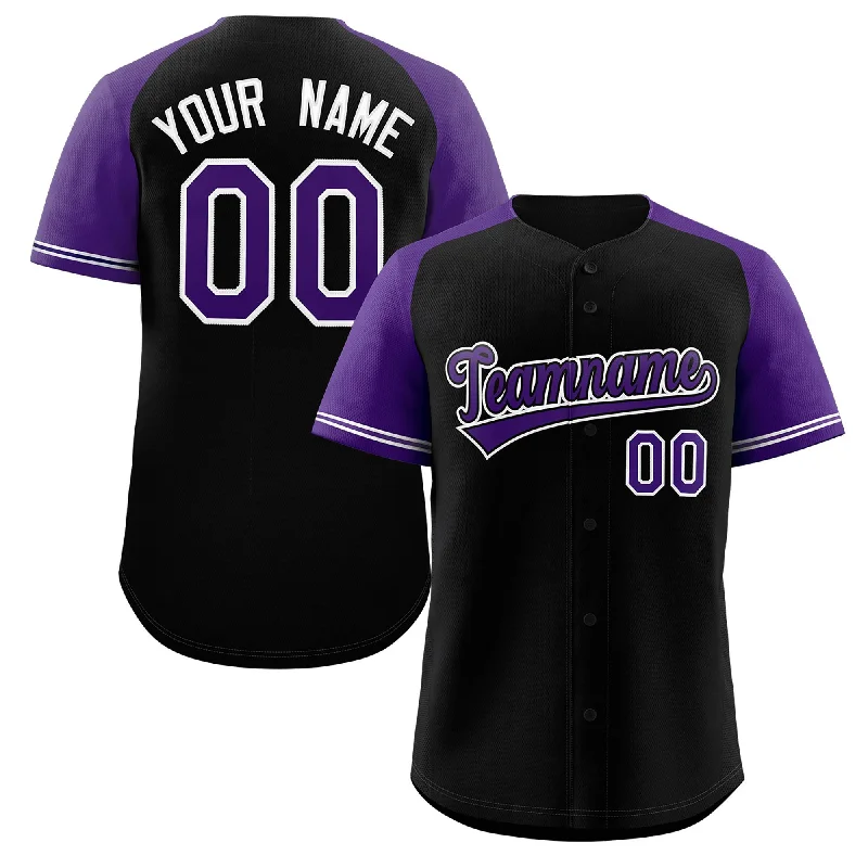 Baseball Jersey for Team Merchandise-Custom Black Purple-White Raglan Sleeves Authentic Baseball Jersey