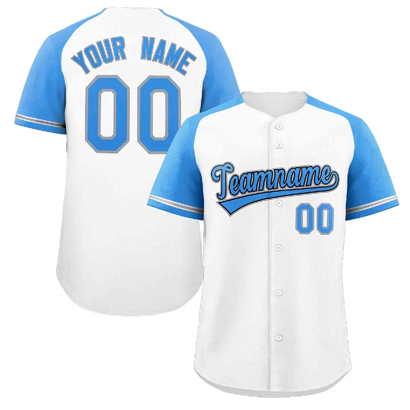 Baseball Jersey for Baseball Players’ Custom Apparel-Custom White Light Blue-Black Raglan Sleeves Authentic Baseball Jersey