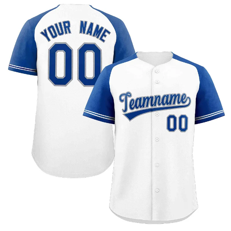 Baseball Jersey for Special Edition Fan Gear-Custom White Royal-Gray Raglan Sleeves Authentic Baseball Jersey