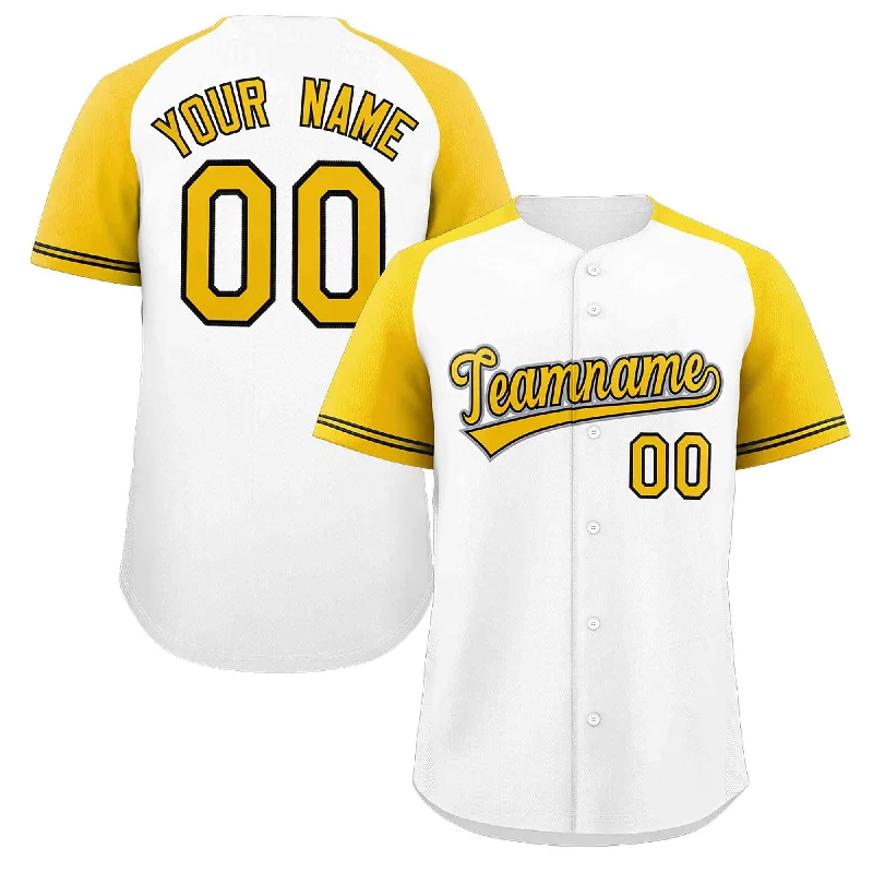 Baseball Jersey for Youth Baseball Gear for Tournaments-Custom White Yellow-Black Raglan Sleeves Authentic Baseball Jersey