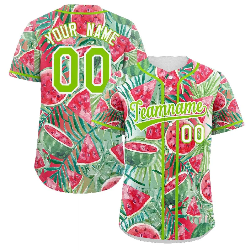 Baseball Jersey for Custom Graphics and Designs-Custom Red Neon Green-White Graffiti Pattern Authentic Watermelon Baseball Jersey