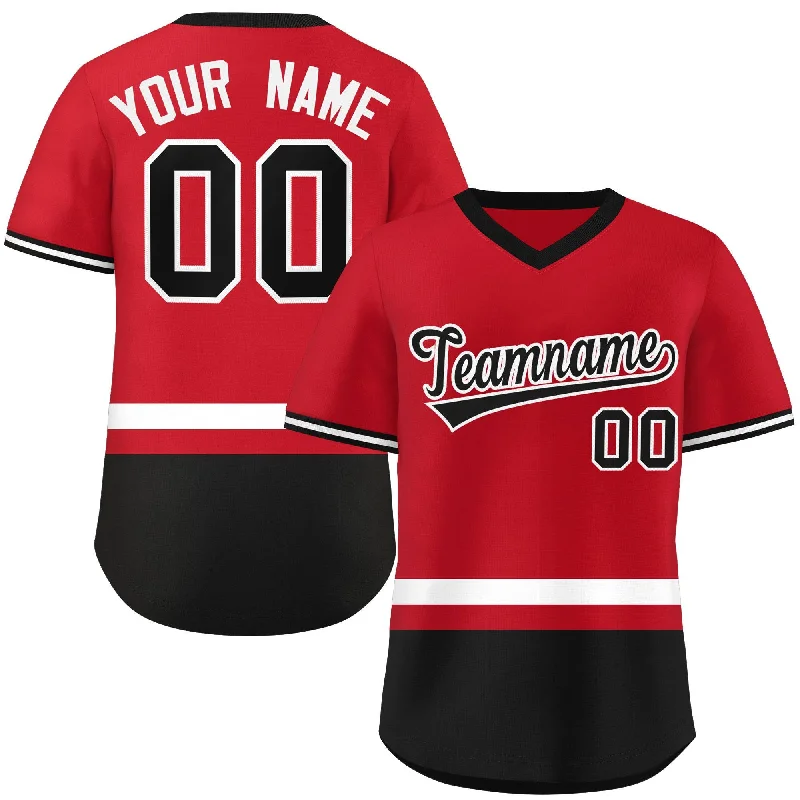 Baseball Jersey for Supporter Gear-Custom Red White-Black Color Block Personalized V-Neck Authentic Pullover Baseball Jersey