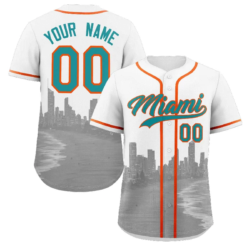 Baseball Jersey for Fun Baseball Game-Day Apparel-Custom White Aqua-Orange Miami City Connect Baseball Jersey