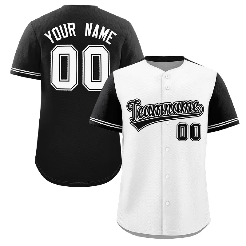 Baseball Jersey for Team Gear for School Baseball Teams-Custom White Black Color Block Personalized Raglan Sleeves Authentic Baseball Jersey