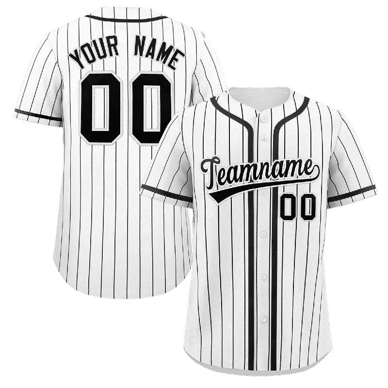 Baseball Jersey for Group Fan Gear for Baseball Games-Custom White Black Stripe Fashion Design Full Button Authentic Baseball Jersey