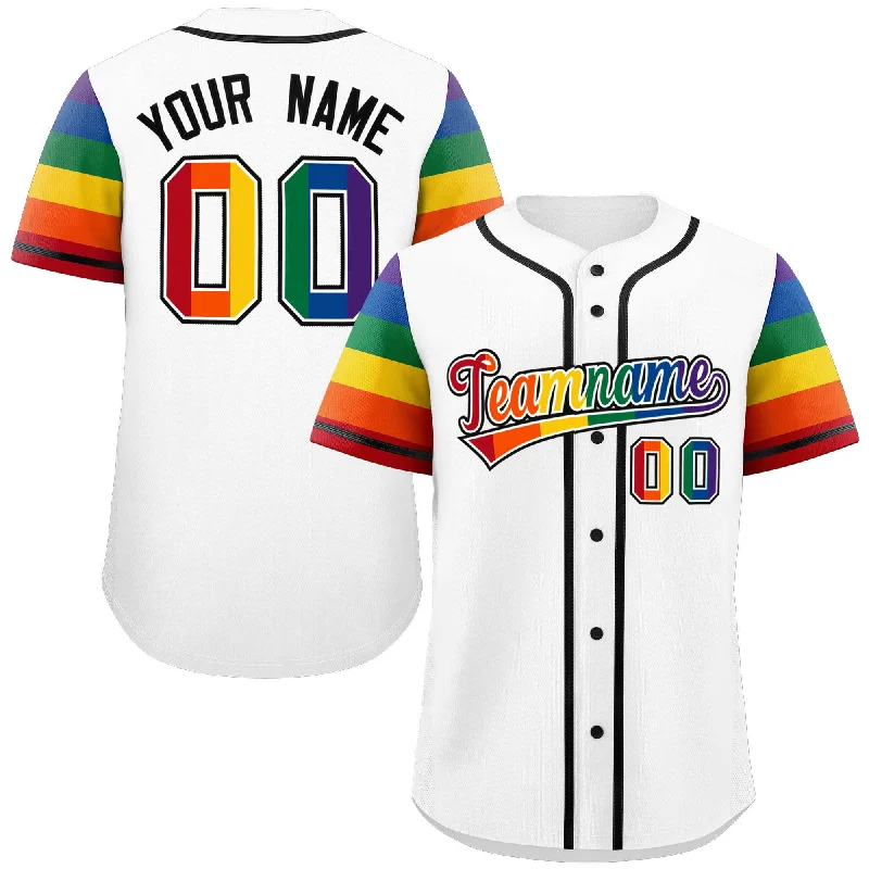 Baseball Jersey for Fundraising Campaigns-Custom White LGBT Rainbow For Pride Month Raglan Sleeves Authentic Baseball Jersey