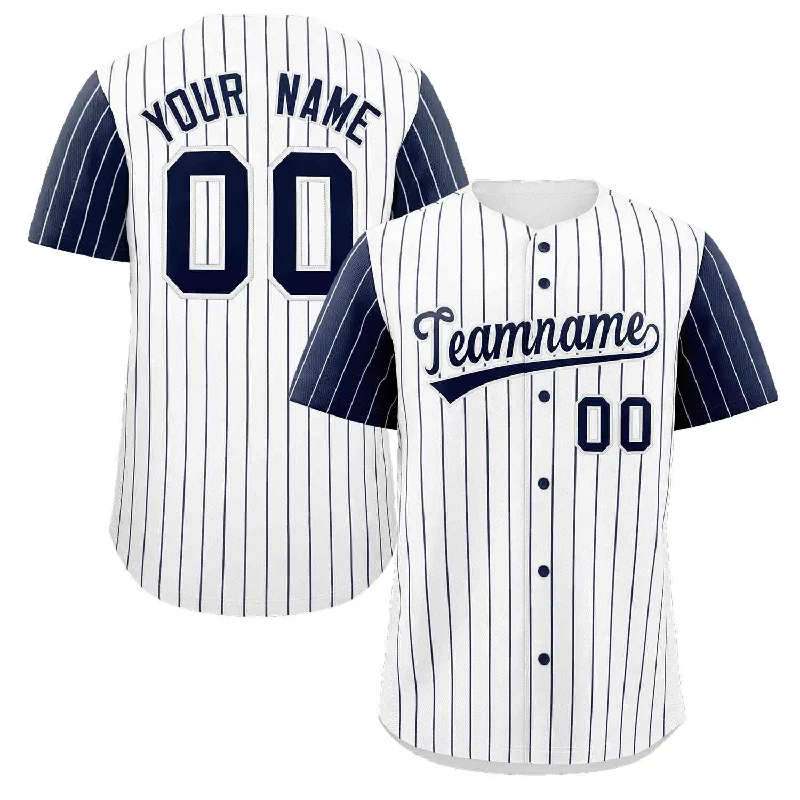 Baseball Jersey for Kids’ Baseball Team Gear-Custom White Navy Stripe Fashion Raglan Sleeves Authentic Baseball Jersey