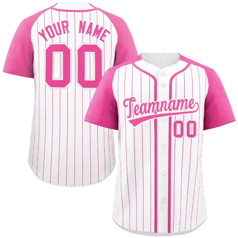 Baseball Jersey for Custom Baseball Jerseys for Tournaments-Custom White Pink Stripe Fashion Raglan Sleeves Authentic Baseball Jersey