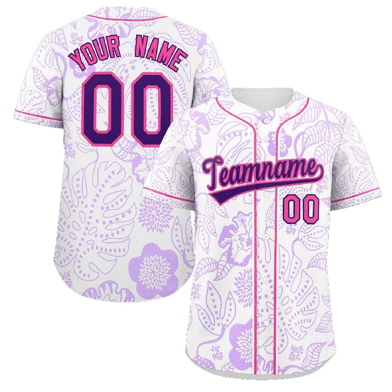 Baseball Jersey for Gift Ideas for Baseball Fans-Custom White Purple-Pink Graffiti Pattern Authentic Leaves Baseball Jersey