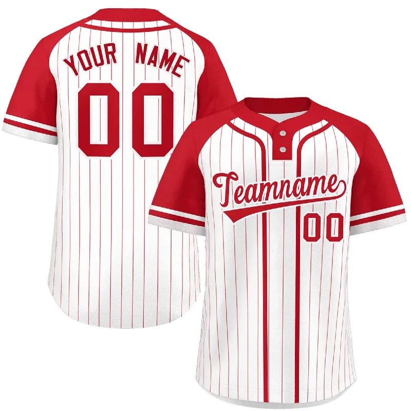 Baseball Jersey for Custom Graphics for Baseball Jerseys-Custom White Red Stripe Fashion Raglan Sleeves Authentic Two-Button Baseball Jersey