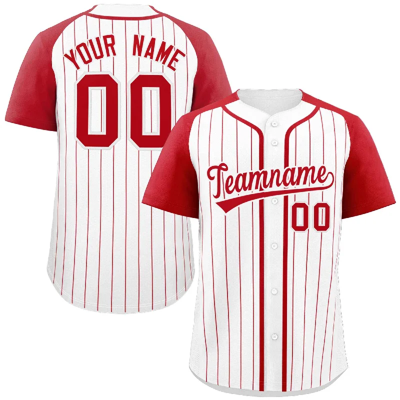 Baseball Jersey for Local School Baseball Teams-Custom White Red Stripe Fashion Raglan Sleeves Authentic Baseball Jersey